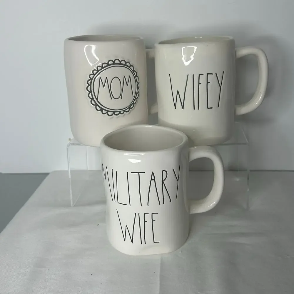 Rae Dunn Set of 3 Mugs Mom Wifey Military Wife Cream Ceramic Farmhouse
